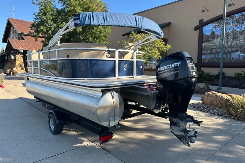 Slide: The Image of 2015 Harris FloteBote Cypress Cay Cambio 180 pontoon boat with Mercury 40 outboard motor. - 2