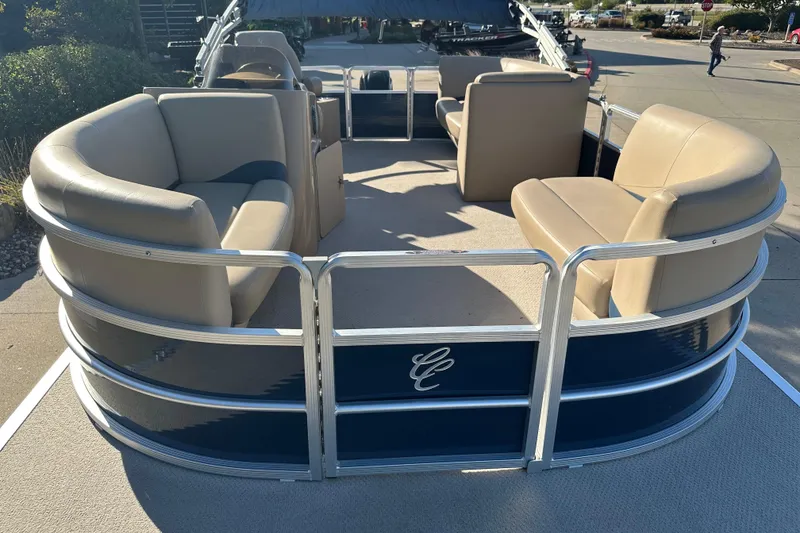 Slide: The Image of 2015 Harris FloteBote Cypress Cay Cambio 180 pontoon boat with beige seating and blue exterior. - 3