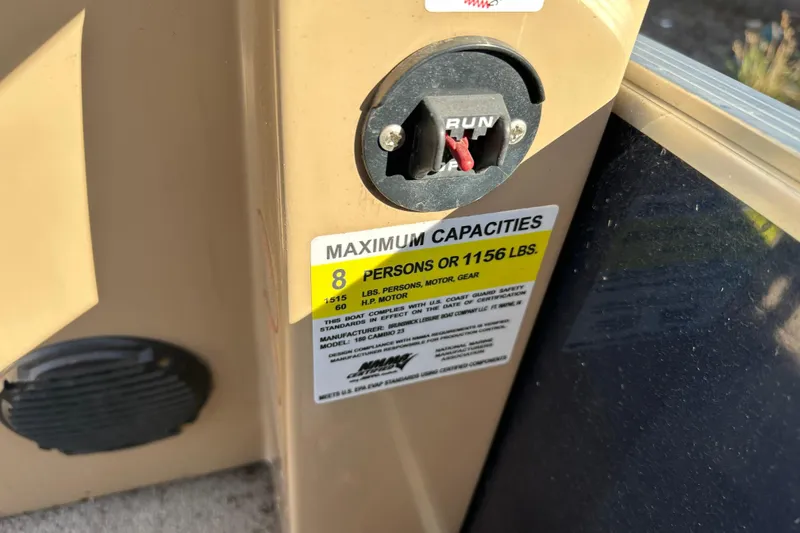 Slide: The Image of 2015 Harris FloteBote Cypress Cay Cambio 180 capacity label, 8 persons or 1156 lbs. - 7