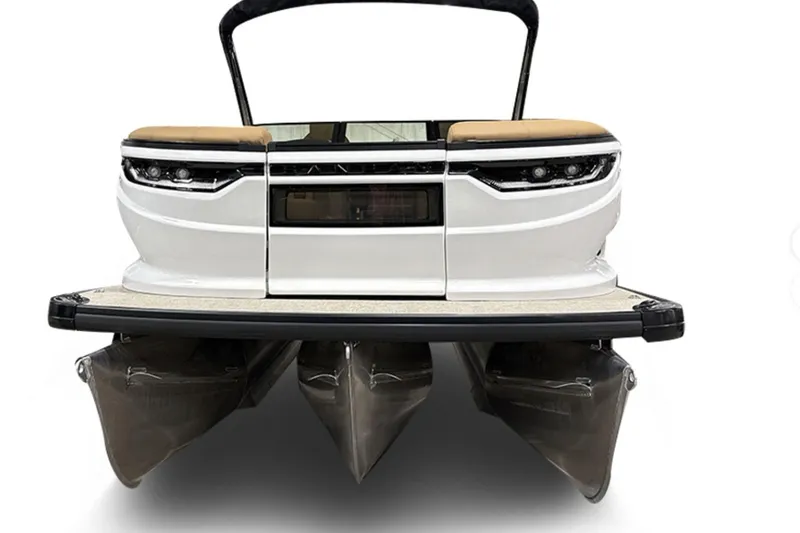 Slide: The Image of 2026 Godfrey Sanpan 27' Tritoon, rear view, showcasing sleek design and modern features. - 55