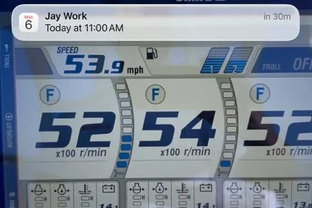 Slide: The Image of Dashboard of 2020 Triple Yamaha F300 showing speed and RPM with notification overlay. - 3