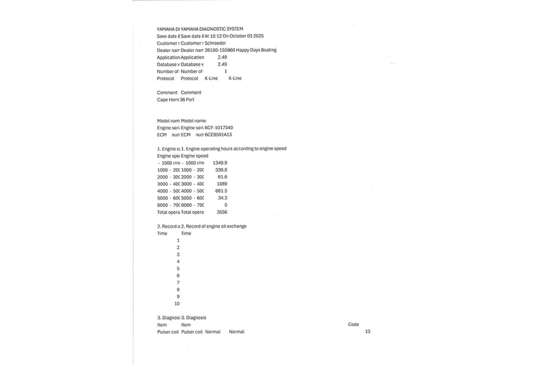 Slide: The Image of Yamaha diagnostic report for 2020 Triple Yamaha F300 engine, detailing operating hours and diagnostics. - 4