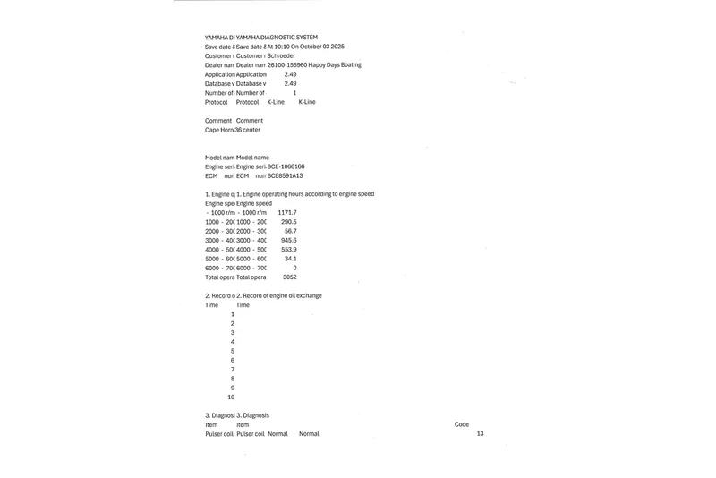Slide: The Image of Diagnostic report for 2020 Triple Yamaha F300 engine, detailing operating hours and engine speed. - 5