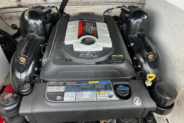 Slide: The Image of Engine of a 2016 Sea Ray 220 Sundeck boat, featuring a 4.5L 250 horsepower Mercury engine. - 12