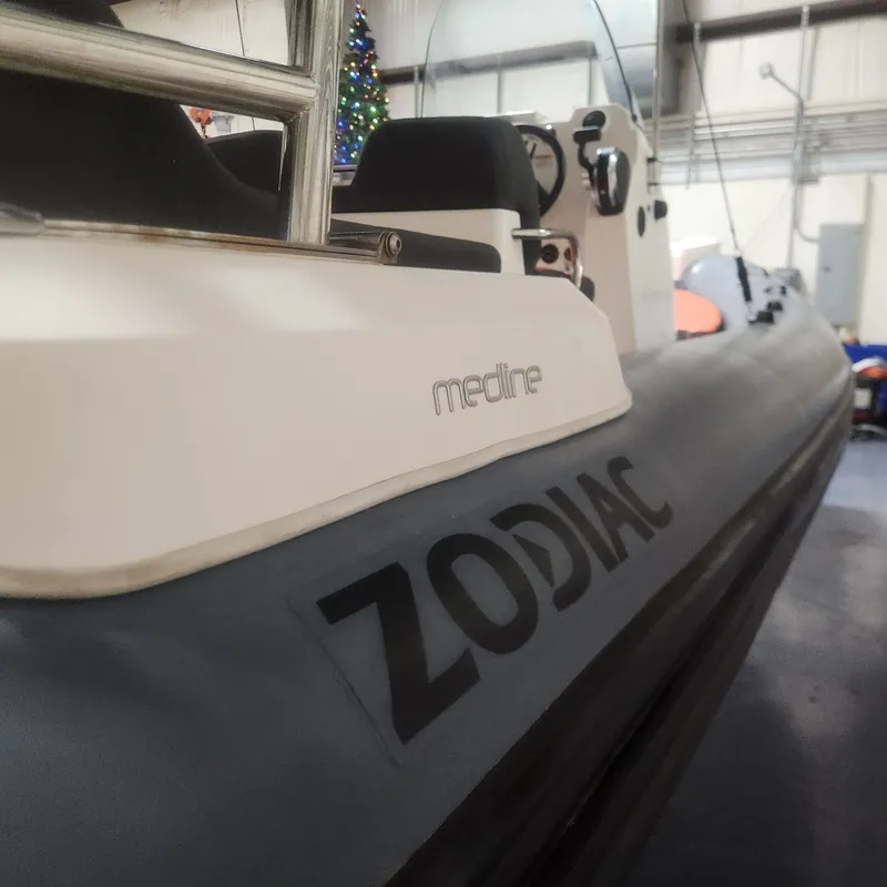 Slide: The Image of Zodiac Medline 6.8 boat, 2024 model, in a warehouse. - 8