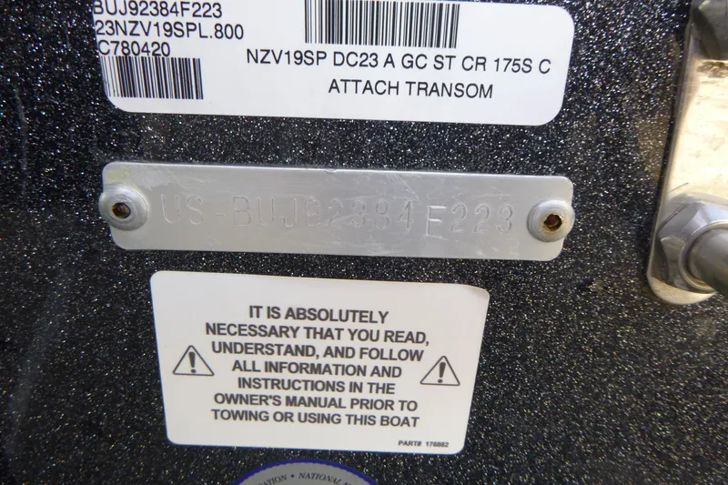 Slide: The Image of 2023 Nitro ZV19 Sport Pro boat identification and safety warning labels. - 22
