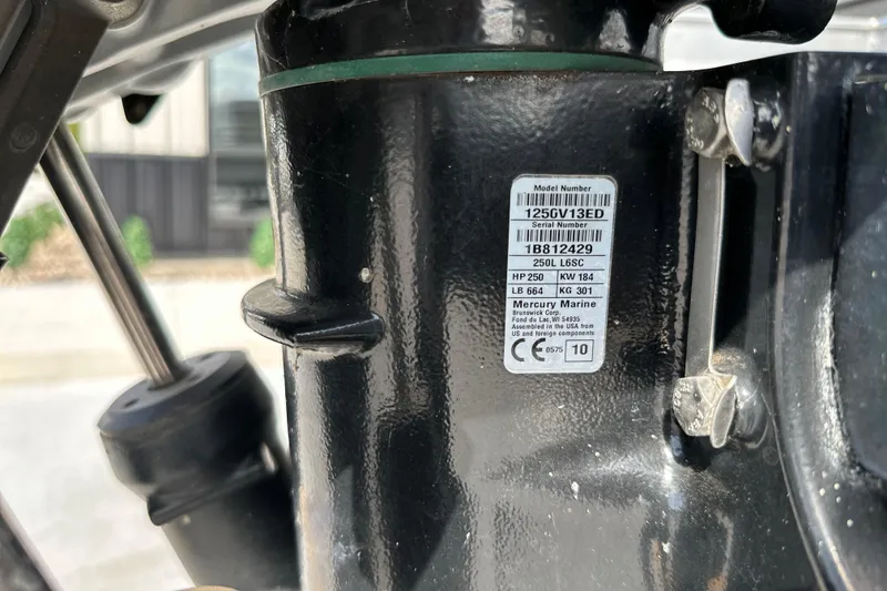 Slide: The Image of Close-up of Mercury Marine engine label on a 2011 South Bay 925 CR boat. - 38