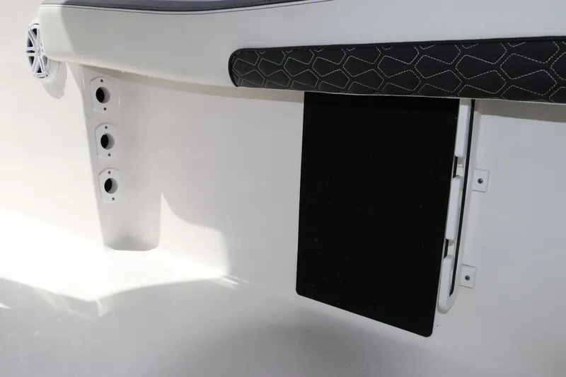 Slide: The Image of 2024 Tidewater 220 LXF boat detail showing trim tab and speaker. - 16