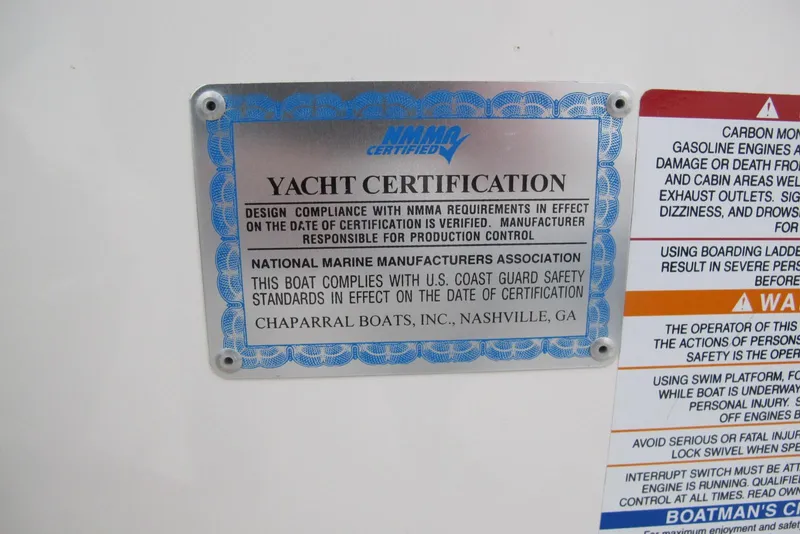 Slide: The Image of Yacht certification plaque on 2003 Chaparral 280 SSi, NMMA certified, safety compliance. - 15