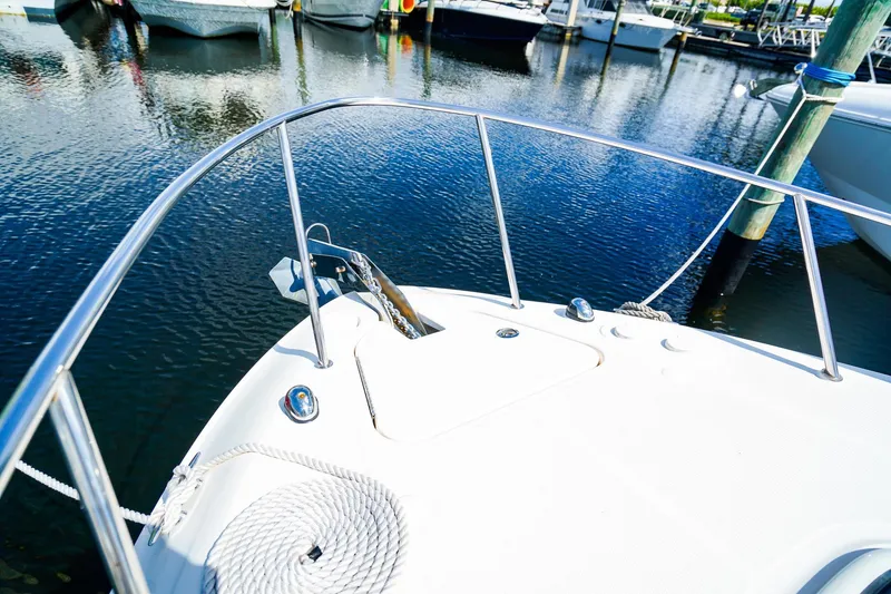 Slide: The Image of 2015 Sea Ray 260 Sundancer bow with anchor, docked in marina. - 29