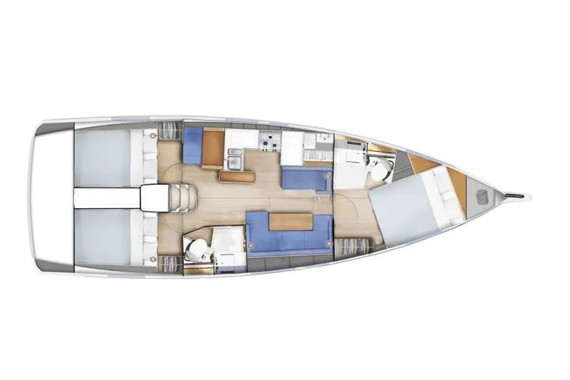 Slide: The Image of 2024 Jeanneau Sun Odyssey 410 interior layout with cabins, kitchen, and seating areas. - 28