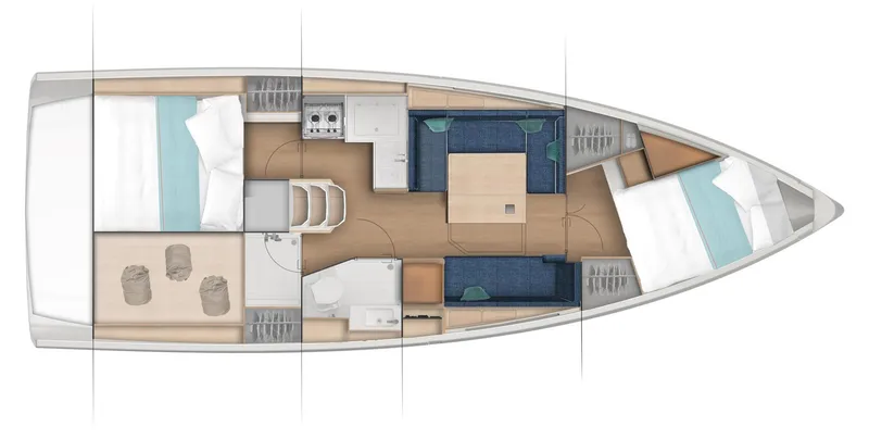 Slide: The Image of 2024 Jeanneau 380 yacht interior layout with bedrooms, kitchen, and seating area. - 10