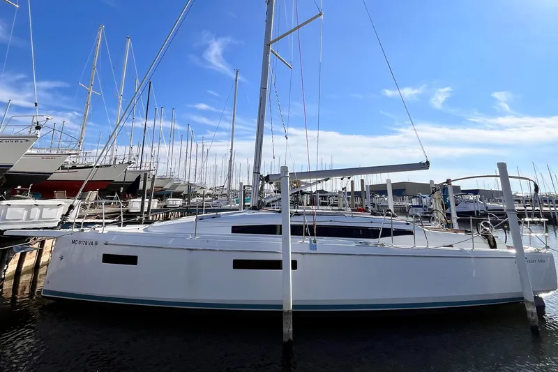 Slide: The Image of 2024 Jeanneau 380 sailboat docked at a marina under a clear blue sky. - 3