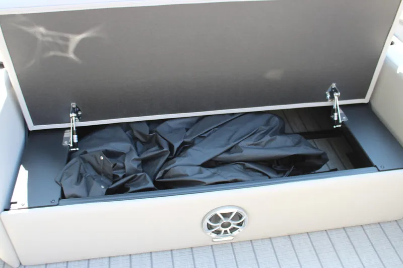 Slide: The Image of Open storage compartment in 2026 Starcraft SLS 3 Q DH boat, featuring black fabric and speaker. - 17