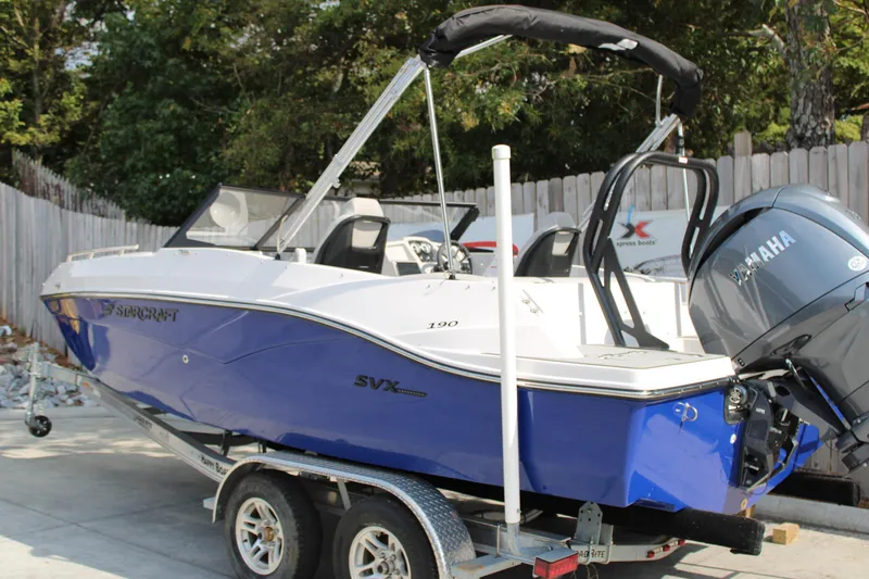 Slide: The Image of 2026 Starcraft SVX 190 OB boat with Yamaha engine on trailer. - 3