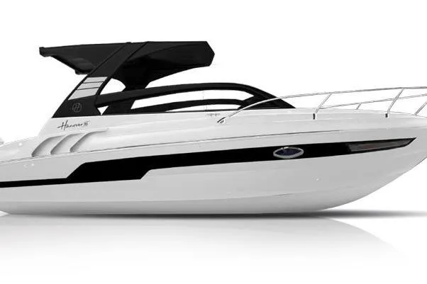 Slide: The Image of 2026 Hanover 305 White and Black Premium Edition boat, sleek design, side view. - 4