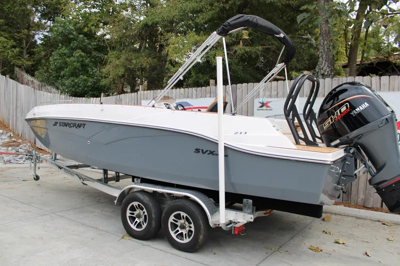 Slide: The Image of 2025 Starcraft SVX 211 OB boat on trailer, parked outdoors. - 3