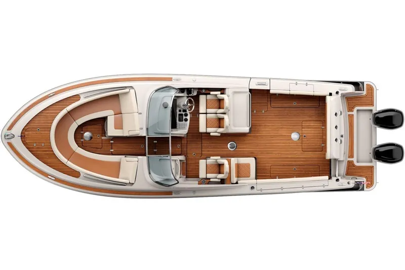 Slide: The Image of 2018 Chris-Craft Calypso 30 boat in showroom, featuring sleek design and luxury seating. - 13