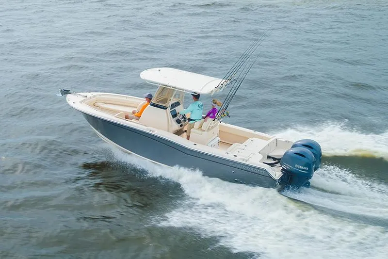 Slide: The Image of Manufacturer Provided Image: 2023 Grady-White Fisherman 257 bow seating area with white cushions. - 2