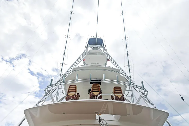 Slide: The Image of Viking 80 Convertible 2018 yacht, viewed from below against a cloudy sky. - 10