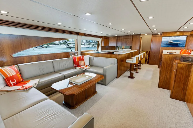 Slide: The Image of Luxurious interior of 2018 Viking 80 Convertible yacht with elegant seating and modern decor. - 14