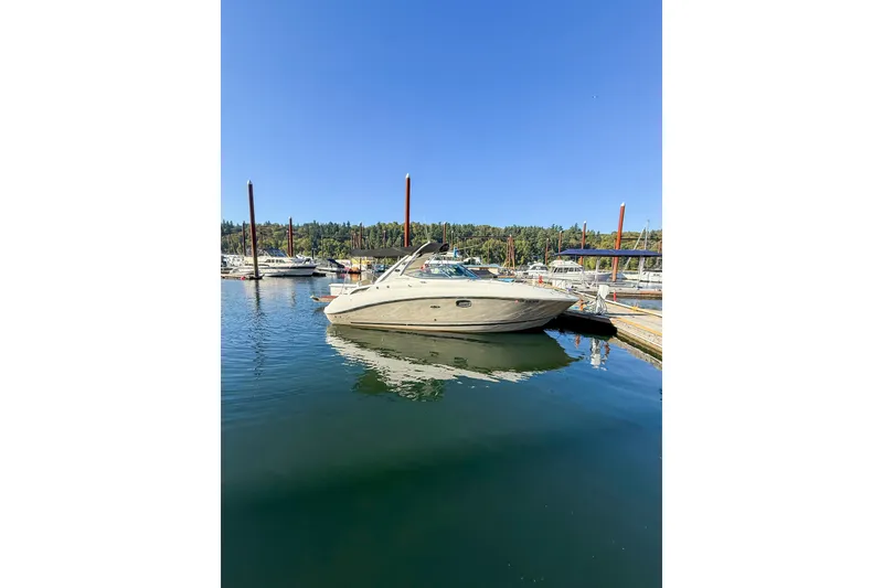 Slide: The Image of 2009 Sea Ray 270 Sundancer docked in a serene marina setting. - 19