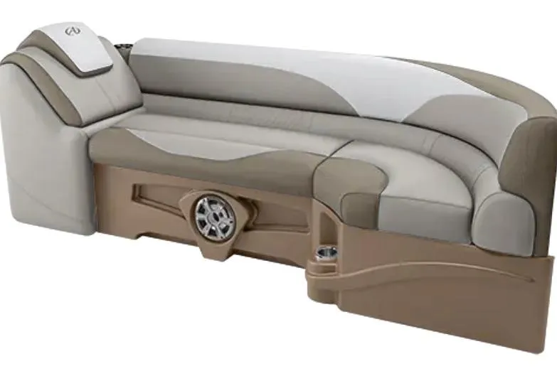 Slide: The Image of 2026 Avalon LSZ QLS boat seating with beige and gray upholstery, featuring integrated speaker and cup holder. - 3