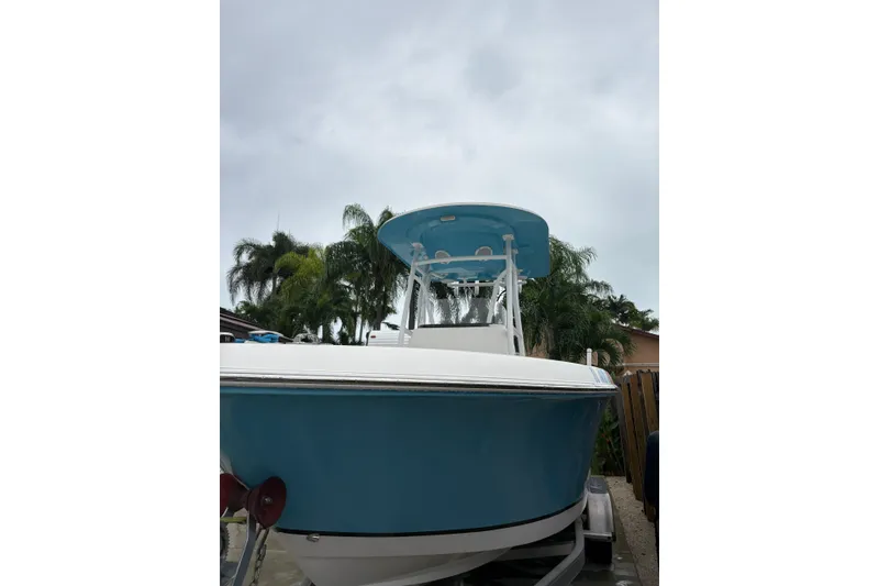 The Image of 2019 Release 210 RX boat with blue hull, parked outdoors, surrounded by palm trees. - 0