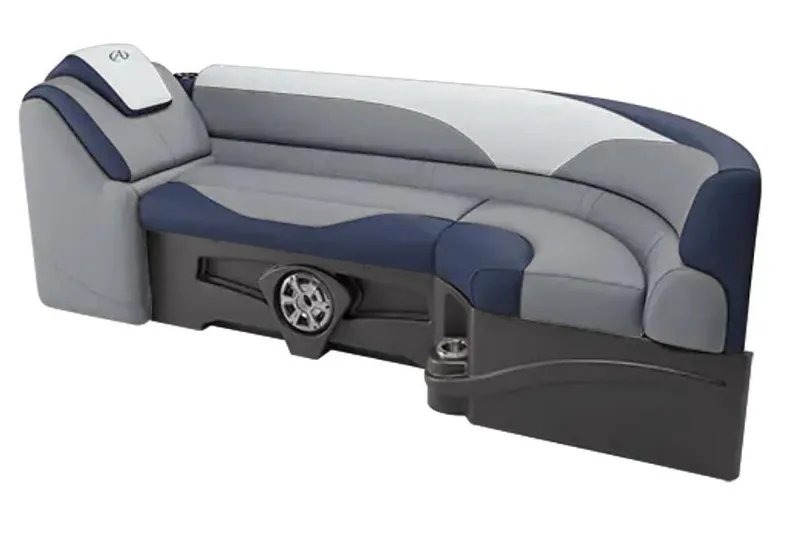 Slide: The Image of 2026 Avalon LSZ Entertainer boat seating in blue and gray with integrated speaker. - 3