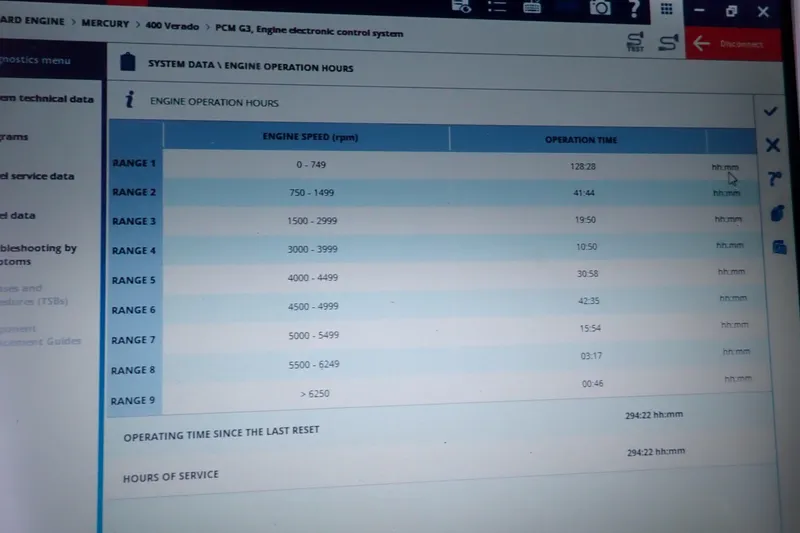 Slide: The Image of Engine operation hours display for 2021 Valhalla Boatworks V-33, showing RPM ranges and times. - 11