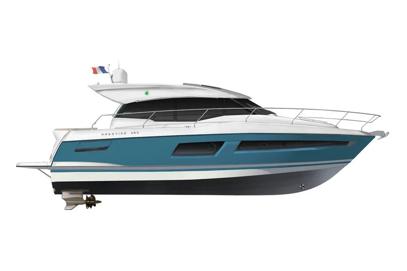 Slide: The Image of Manufacturer Provided Image: 2025 Prestige 460 S yacht, sleek design, blue and white exterior, side view. - 23