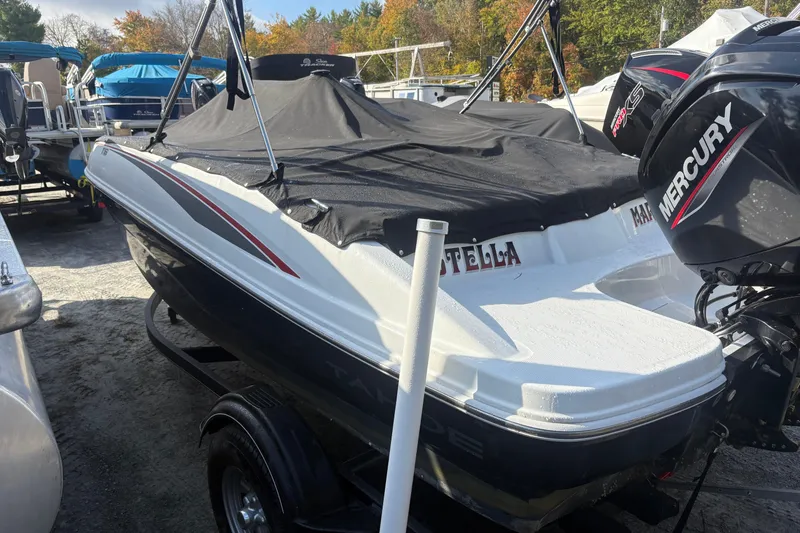Slide: The Image of 2020 Tahoe T-16 boat with Mercury engine, covered and parked outdoors. - 3