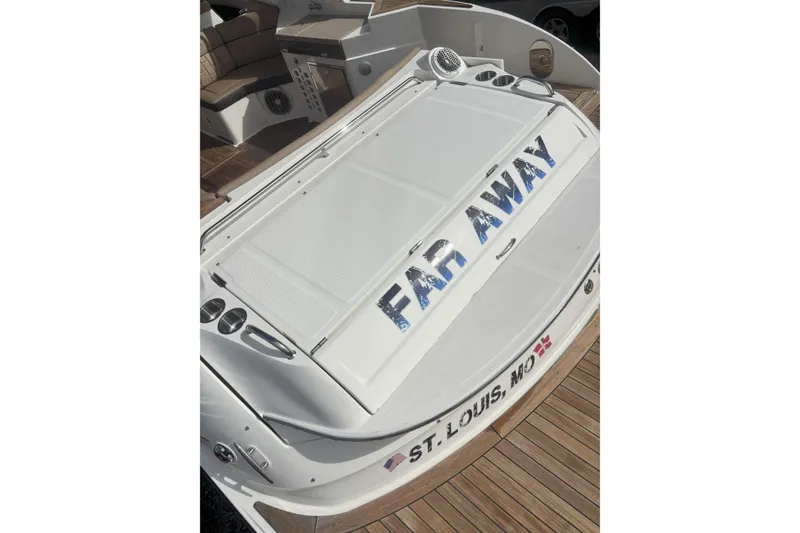 Slide: The Image of 2016 Sea Ray 350 SLX boat with "Far Away" name, docked in St. Louis, MO. - 15