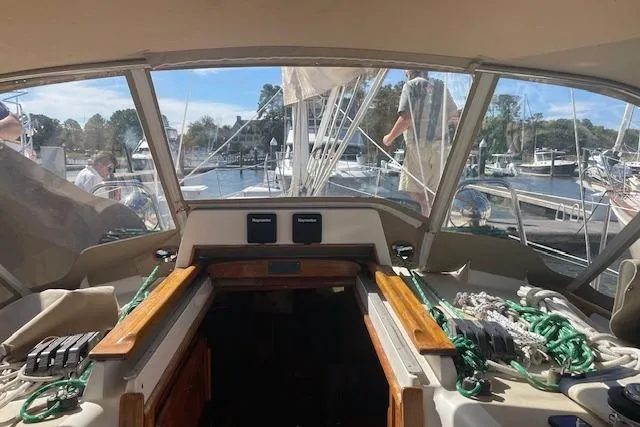 Slide: The Image of Cockpit view of 2001 Tartan 3700 sailboat docked at marina. - 21