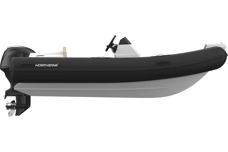 Slide: The Image of 2023 Northstar Axis 3.8 inflatable boat, side view, black and white design. - 10