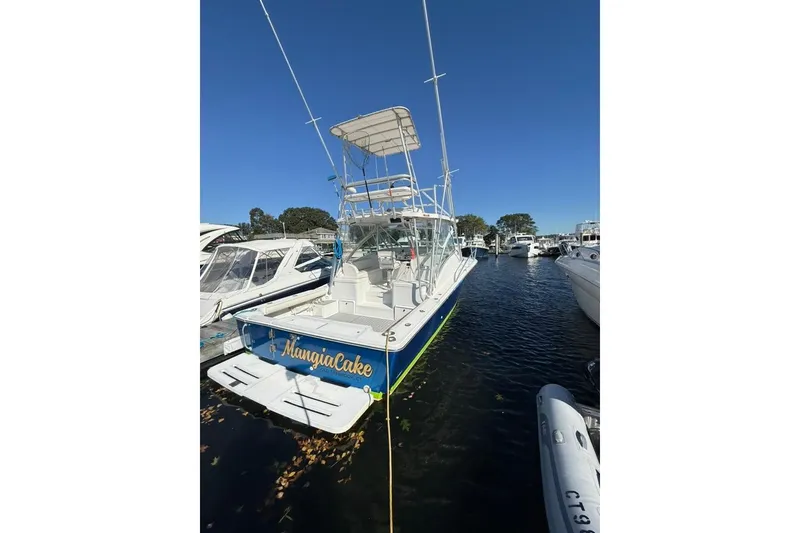 The Image of 2001 Luhrs Tournament 320 Open boat docked in marina, clear blue sky. - 1