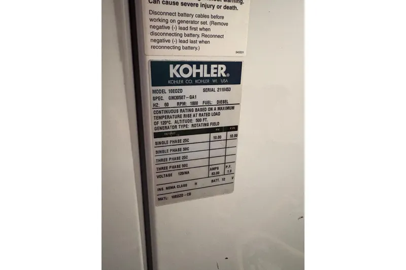 Slide: The Image of Kohler generator label on 2007 Carver 42 Super Sport, model 10EOZD, diesel, 60Hz, 1800 RPM. - 3