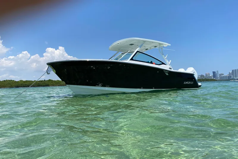 The Image of 2022 Blackfin 272DC boat anchored in clear water with city skyline in background. - 0