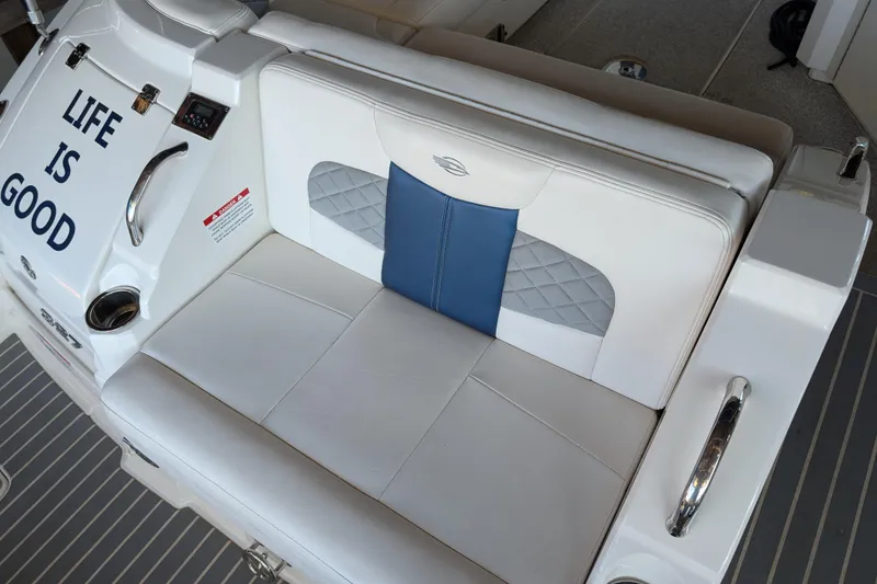 Slide: The Image of 2012 Chaparral 327 SSX boat interior with "Life is Good" text on seating. - 28