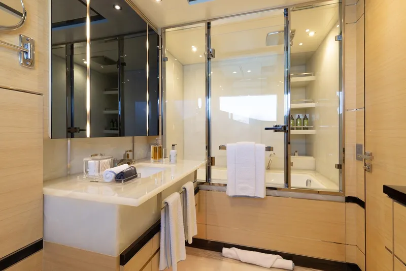 Slide: The Image of Luxurious bathroom in 2018 Benetti Fast 125 yacht with modern fixtures and elegant design. - 20
