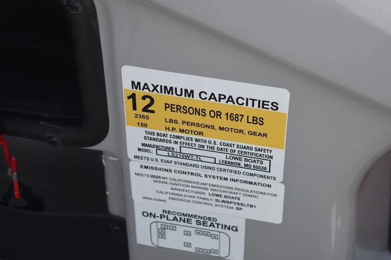 Slide: The Image of 2025 Lowe LS 210 WT boat capacity label: 12 persons or 1687 lbs maximum. - 11