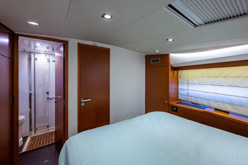 Slide: The Image of Luxurious 2012 Prestige Flybridge yacht bedroom with ensuite bathroom and modern design. - 95