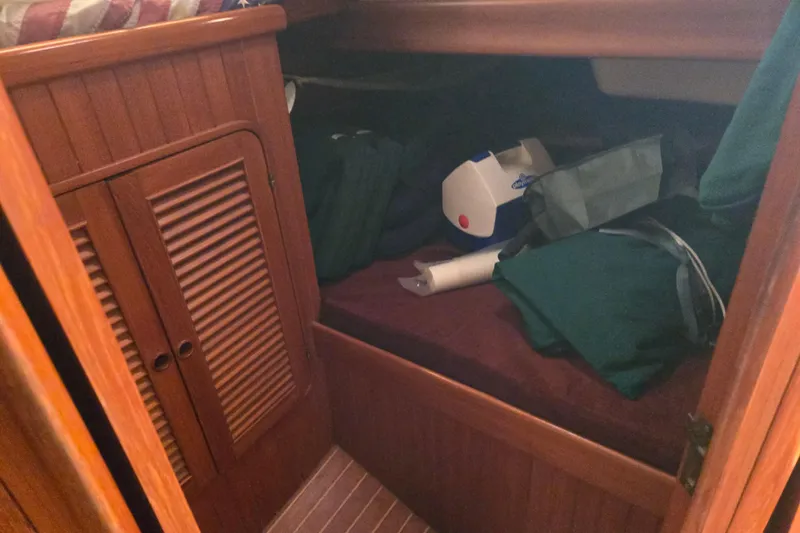 Slide: The Image of Cozy cabin interior of 1987 Hans Christian Cristina 40 sailboat with wooden paneling. - 20