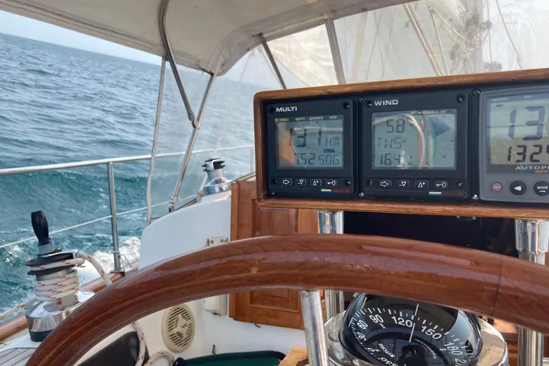 Slide: The Image of Cockpit view of 1987 Hans Christian Cristina 40 sailboat with navigation instruments. - 6