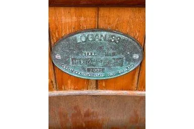 Slide: The Image of Plaque on wooden surface for Logan 33, built in 2001 by Logan Classic Boats, New Zealand. - 14