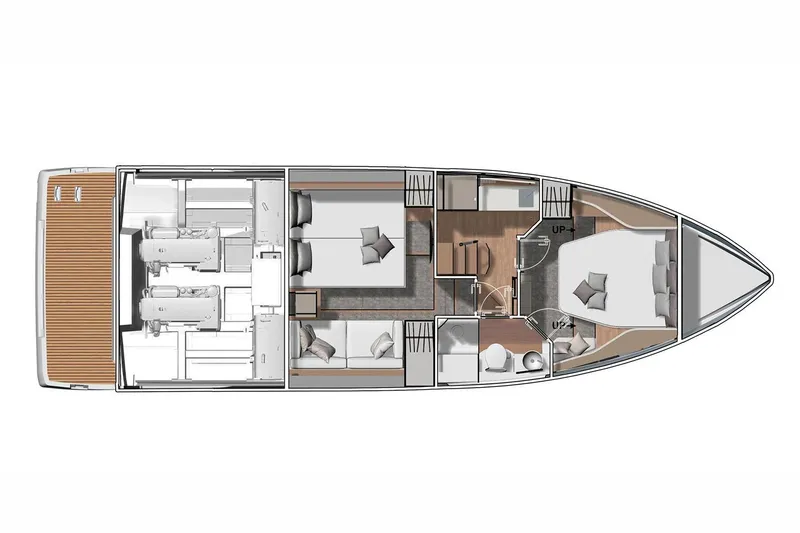 Slide: The Image of 2024 Jeanneau DB43 yacht with triple Mercury outboard engines on a sunny day. - 14