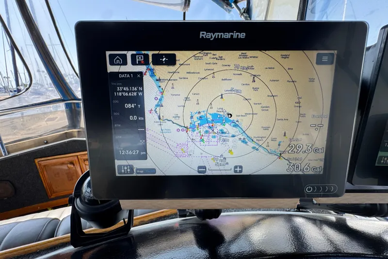 Slide: The Image of Raymarine navigation display on 1985 Carver 3607 Aft Cabin Motor Yacht, showing nautical chart. - 26