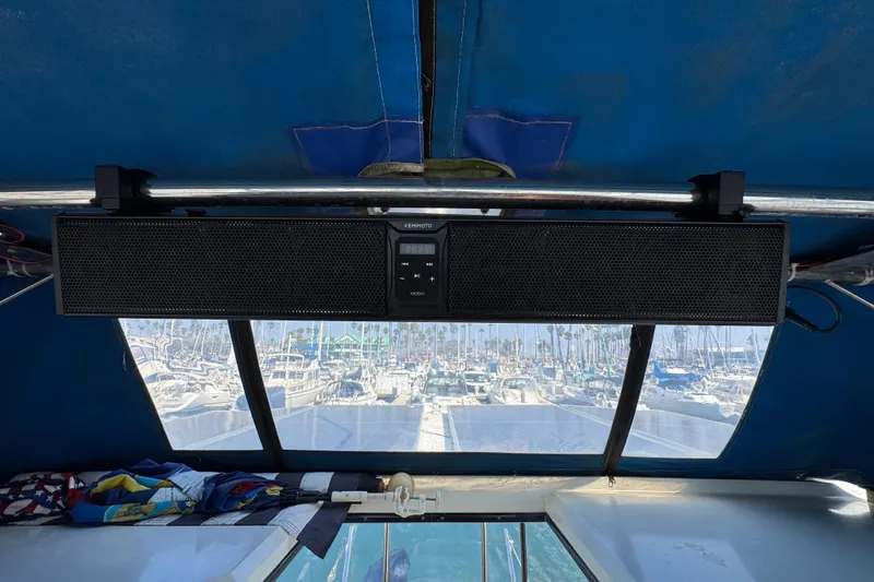 Slide: The Image of Soundbar installed on 1985 Carver 3607 Aft Cabin Motor Yacht, overlooking marina. - 33