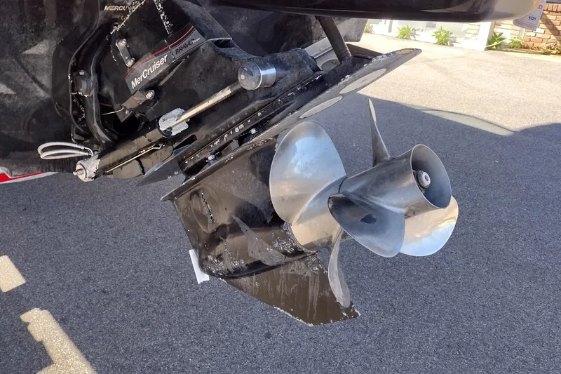 Slide: The Image of Close-up of a 2014 Sea Ray 270 SLX boat's MerCruiser Bravo Three outdrive propeller. - 9