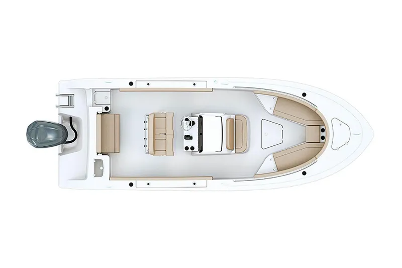 Slide: The Image of Manufacturer Provided Image: 2023 Sportsman Open 242 Center Console boat, top view, spacious layout, beige seating, single outboard motor. - 10